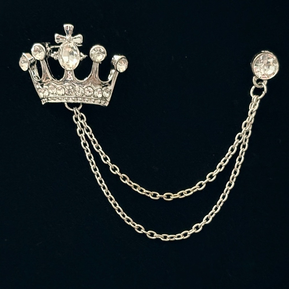 Silver Crown Brooch with Chain - Picture 1 of 5